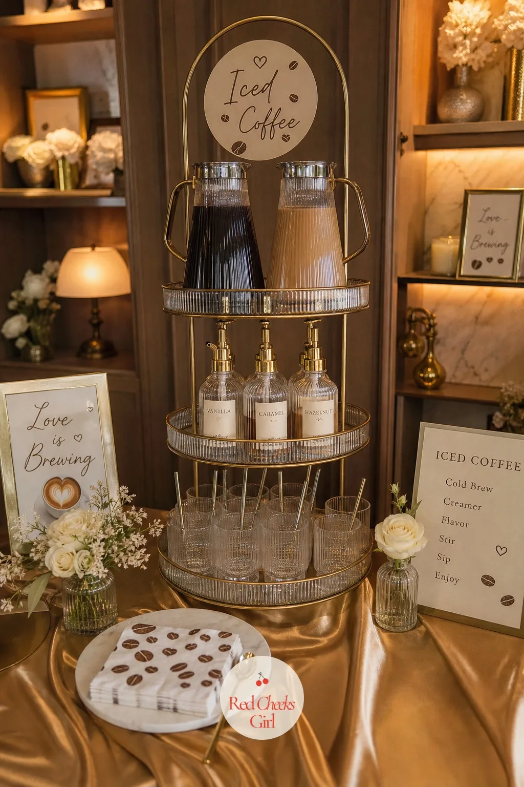 Iced Coffee Tower — For a warmer afternoon, this is the one station that keeps the theme going without anyone standing over a hot machine, built tall rather