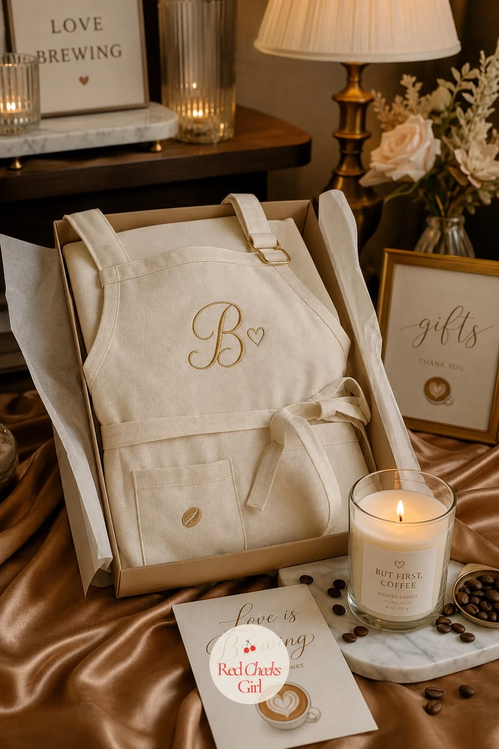 Monogrammed Barista Apron Gift for the Bride — Everyone else gets a bag of beans; she gets the one gift that says this was always about her, opened last and