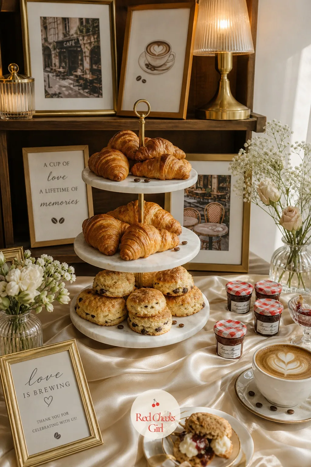 Pastry Table with Croissants and Scones — This is the table people actually linger at, so it has to look generous: stacked, tiered, a little spilling over