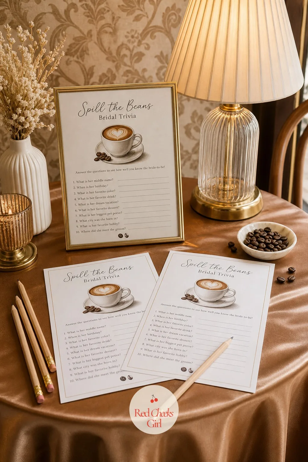 Spill the Beans Bridal Trivia Cards — Every shower needs one seated game, and this is the version that keeps the coffee pun going instead of feeling bolted