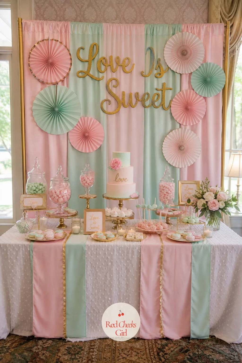 Backdrop Wall Behind the Main Table — Every photo from the party ends up in front of something, so give that something the palette. Love is sweet bridal shower