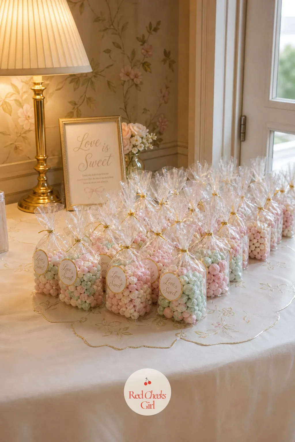Candy Bag Favors — Near the door, a small table holds the simplest favor in the whole party: clear bags filled with a mix of the same candy from the buffet