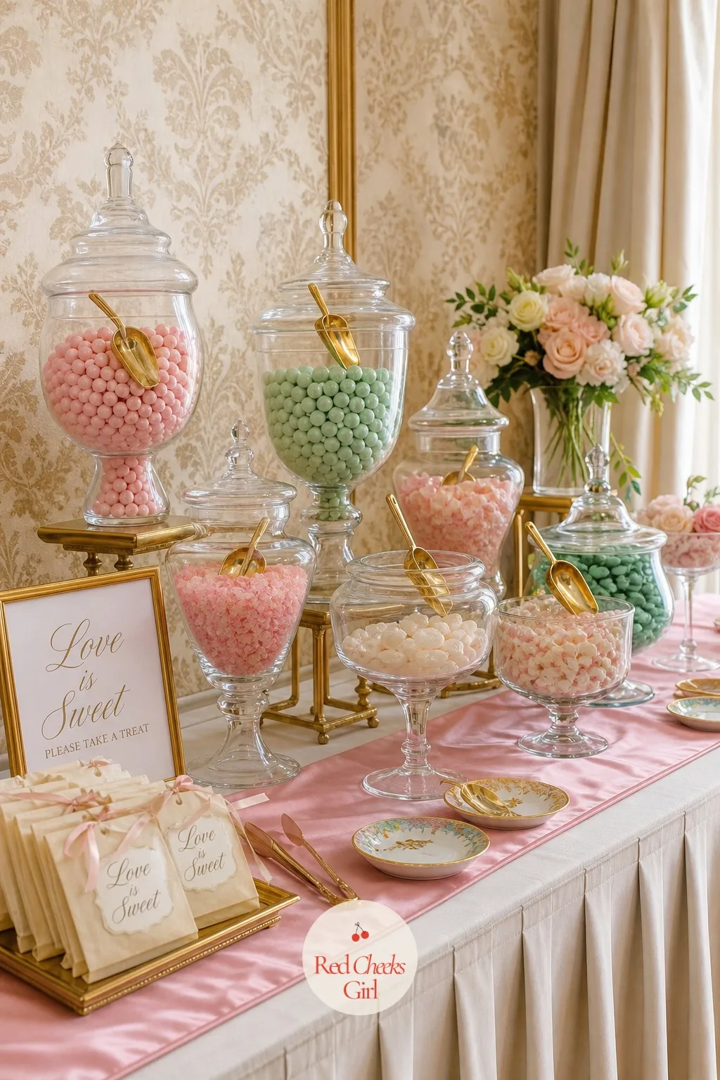 Candy Buffet With Jars and Scoops — This is the table guests circle back to all afternoon. Love is sweet bridal shower theme