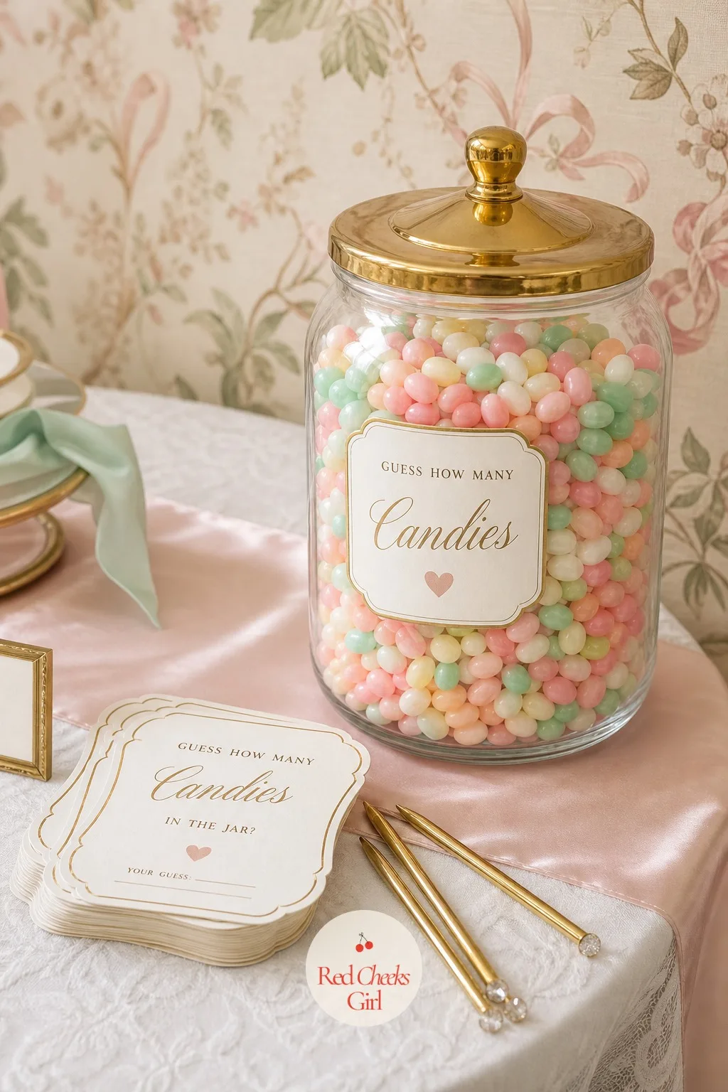 Candy Guessing Jar — While the macaron tower gets admired, a second quiet game runs in the background all afternoon. Love is sweet bridal shower theme