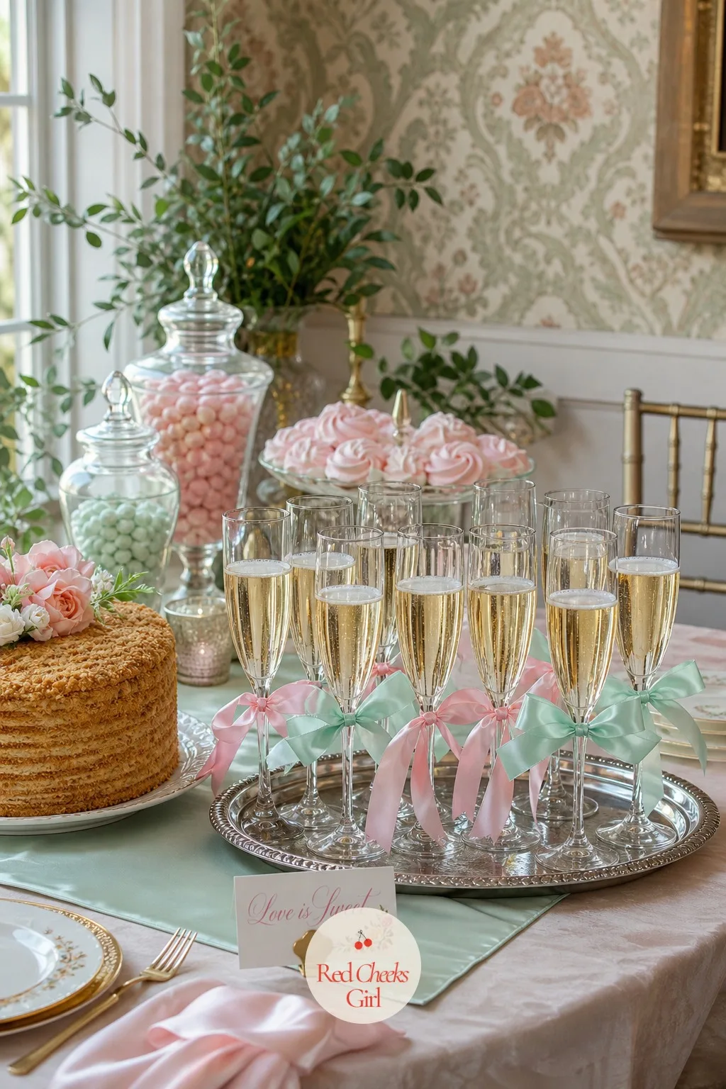 Champagne Toast With Pastel Flutes — Before the cake gets cut, someone raises a glass, and the glass should match everything else on the table. Love is sweet