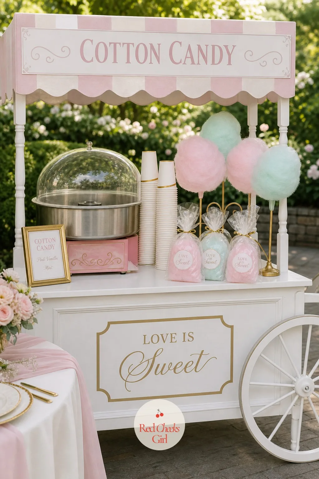 Cotton Candy Stand — At the far end of the dessert run, something lighter than cake: cotton candy in pink and mint spun together on a stick, or bagged ahead of