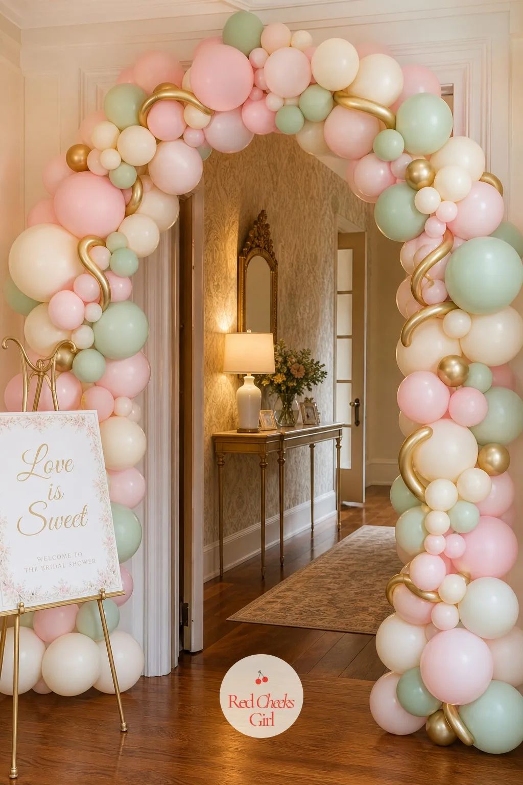 Entrance Balloon Arch — Nobody should have to guess what kind of party this is before they even get through the door. Love is sweet bridal shower theme