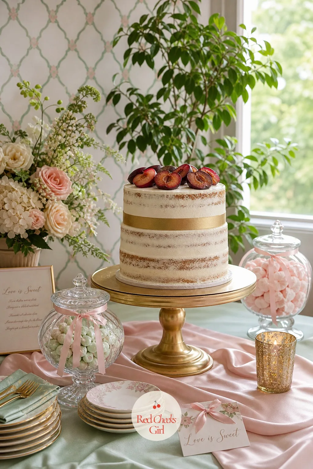 Honey Cake Topped With Plums — A honey colored layer cake, finished simply in cream frosting with a thin gold band around the base and fresh plum halves