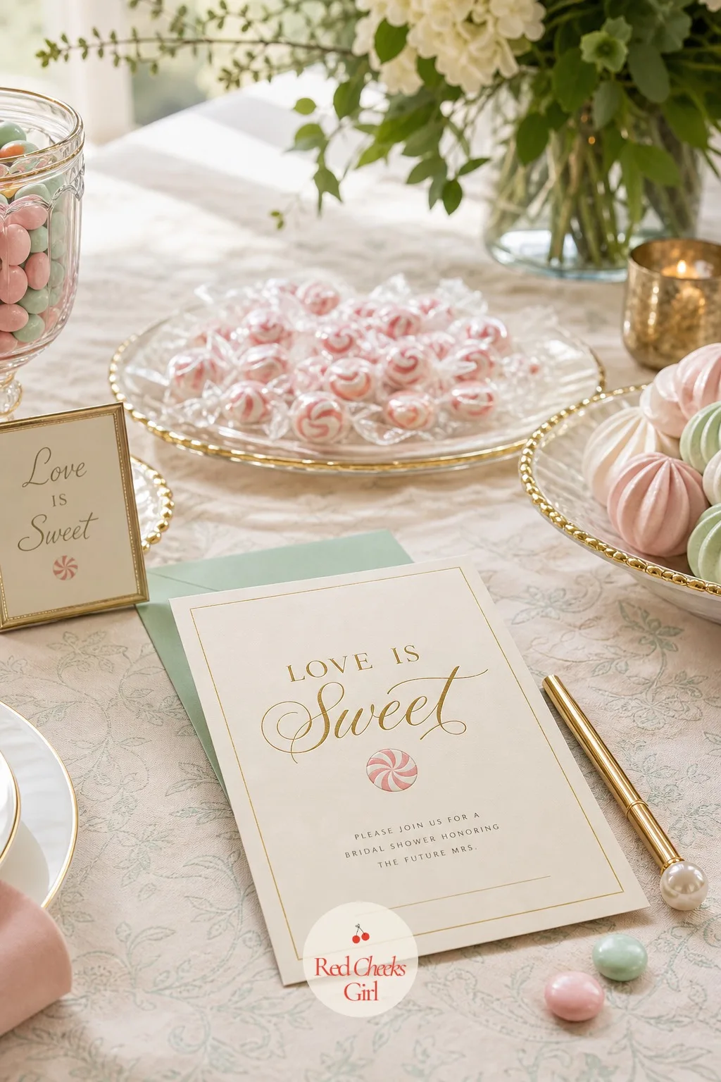 The Invitation — Months before any candy jar gets filled, this is the first thing guests actually hold. Love is sweet bridal shower theme