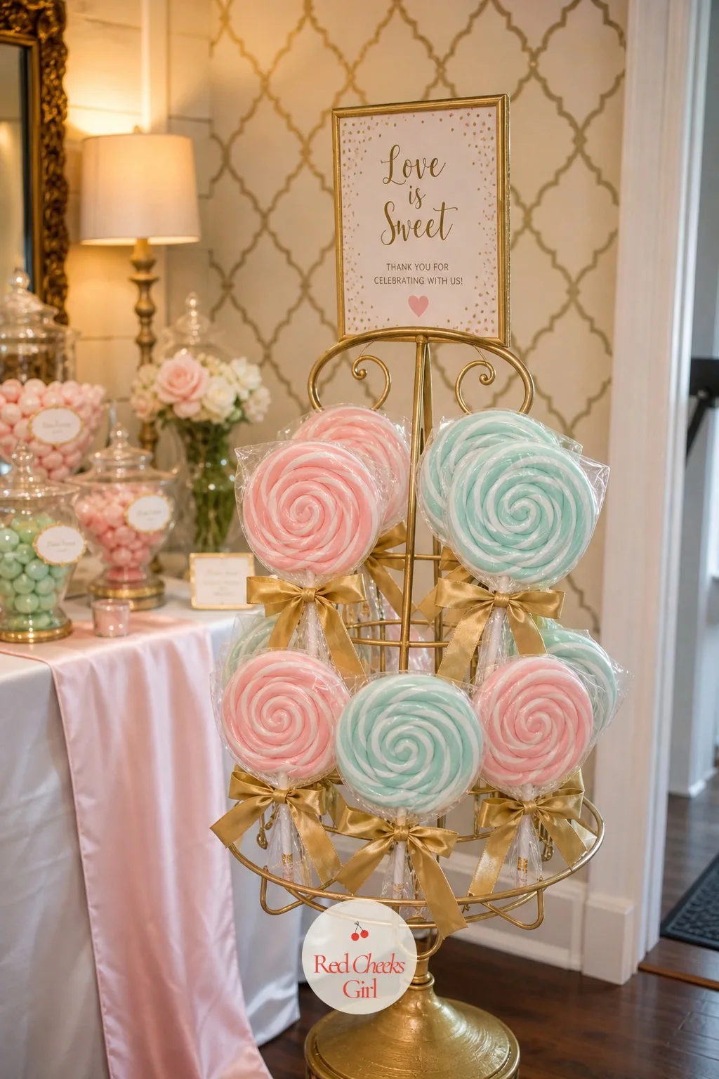 Lollipop Favor Stand — Beside the candy bags, something a little more photogenic: a stand holding oversized swirl lollipops in pink and mint, each one tied