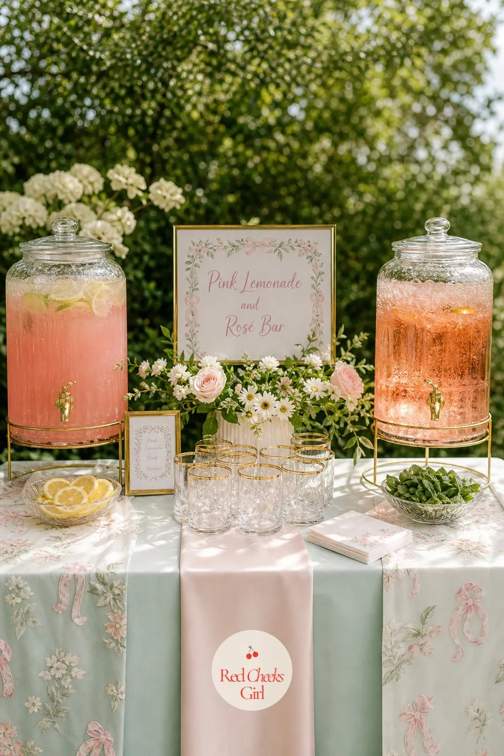 Pink Lemonade and Rosé Bar — Across from all that sugar, a drink station keeps the palette going without adding more dessert. Love is sweet bridal shower theme