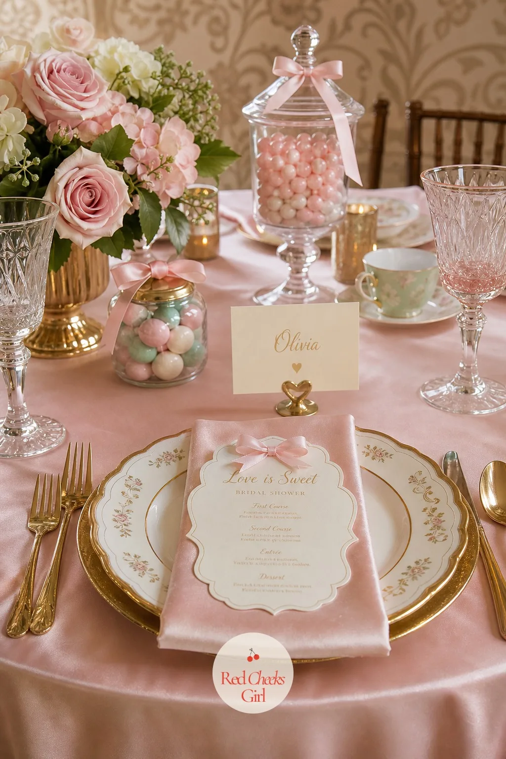 Place Cards at Each Seat — At a seated shower, each place setting gets its own small marker before anyone sits down. Love is sweet bridal shower theme