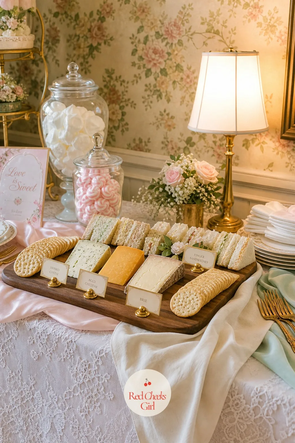 Savory Nibbles Board — After the fourth dessert, guests need something that is not sugar, even at a party built on it. Love is sweet bridal shower theme