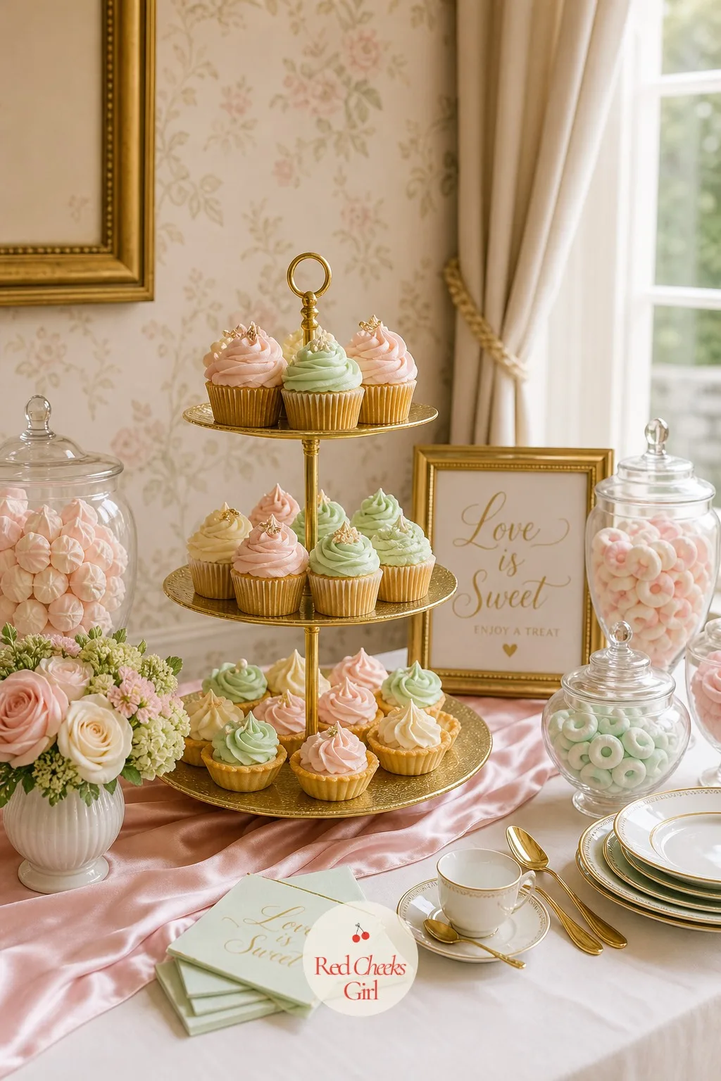 Tiered Dessert Table — Next to the jars, a separate stand does the finer work: cupcakes and mini tarts in pastel frosting, each top piped with a small swirl