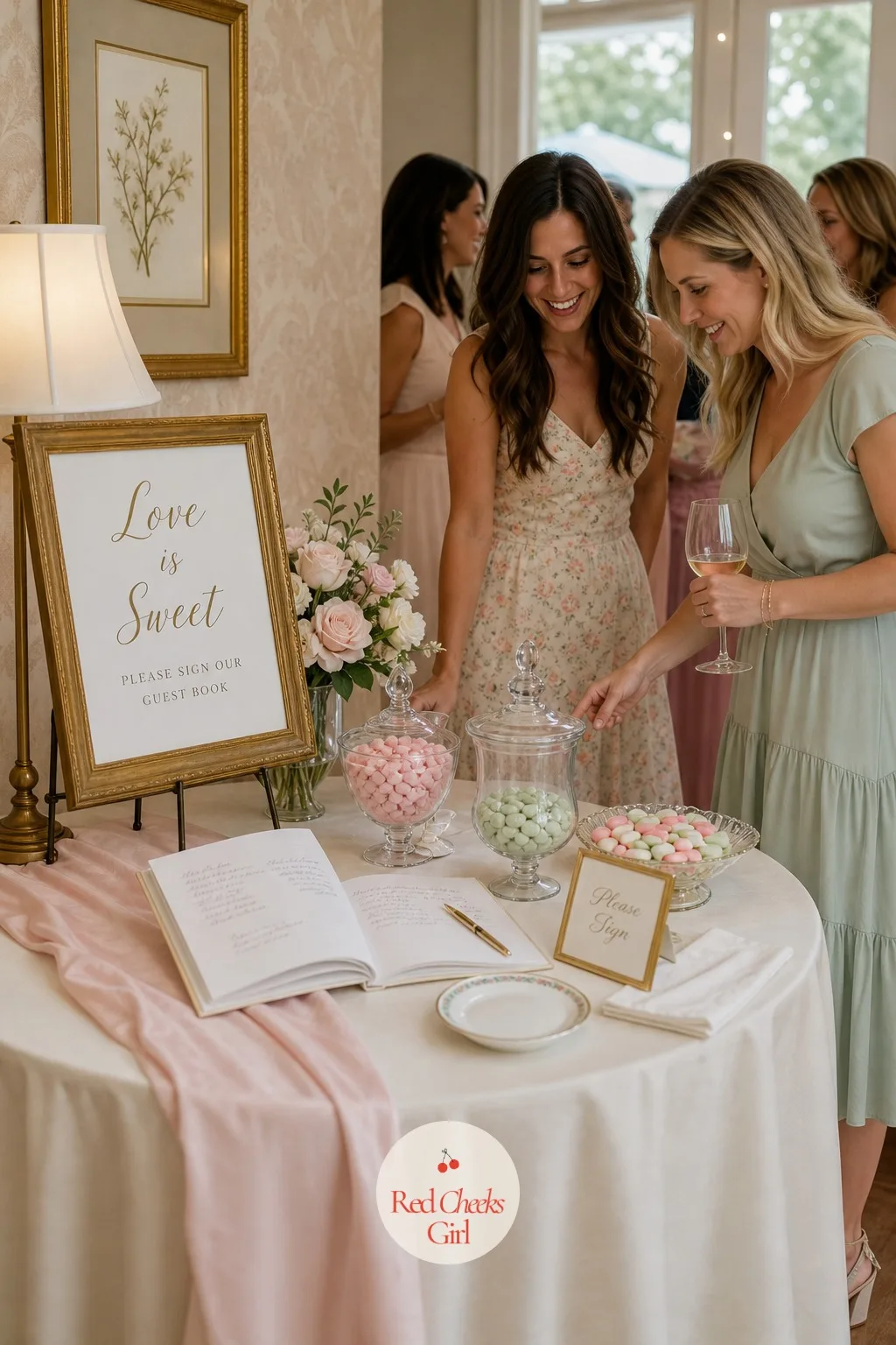 Welcome and Guest Book Table — Right at the door, before the balloon arch even registers, a small table catches guests for ten seconds to sign in. Love is