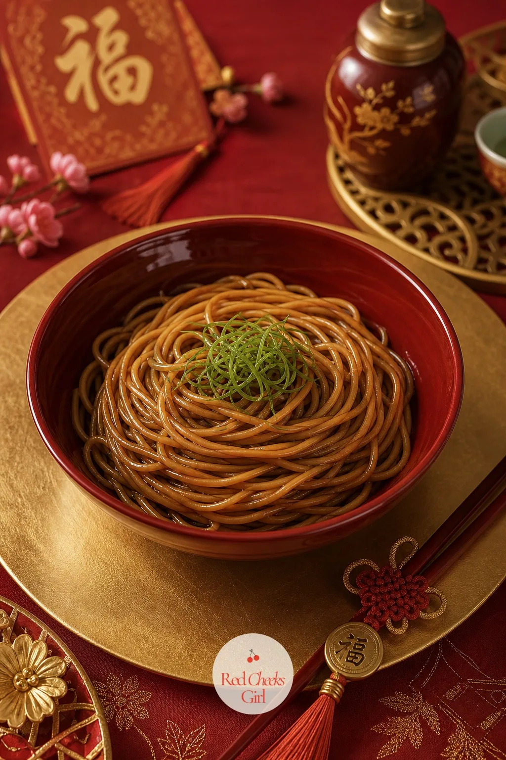 Longevity Noodles, Left Uncut — Nobody at a Chinese Spring Festival table cuts these noodles, not the cook and not the chopsticks. Lunar new year