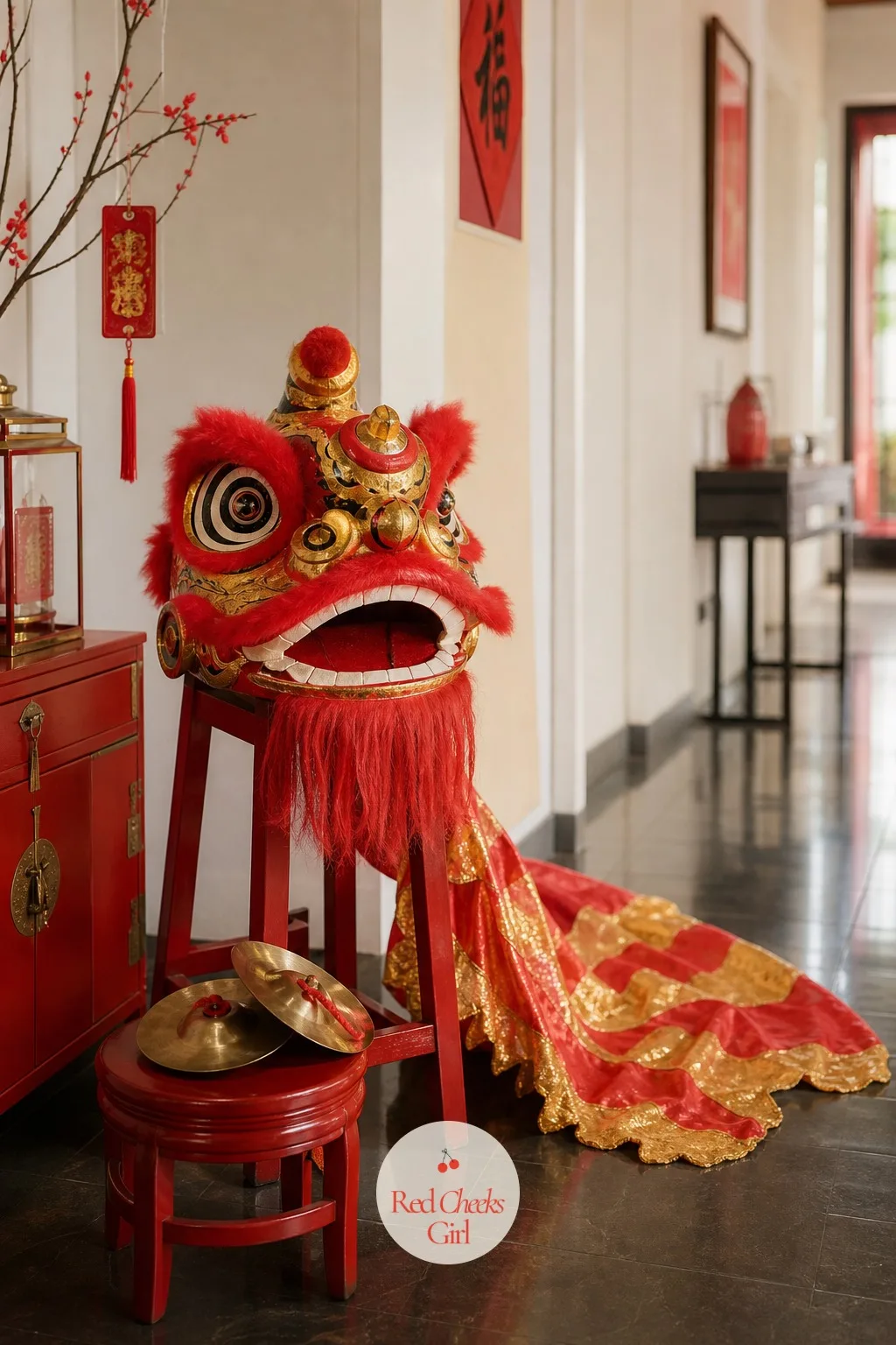 Mini Lion Dance Through the Hall — A full lion dance troupe is not happening in the living room, a paper mache lion head and a willing kid under a fabric body