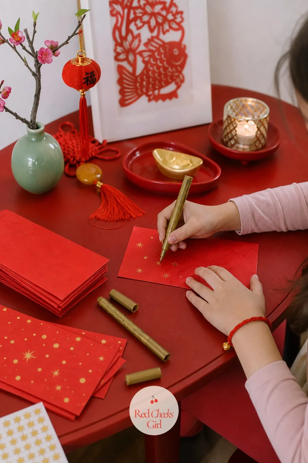 Red Envelope Decorating Station — The envelope itself carries a different name depending on whose house you are in, hongbao in Chinese homes, li xi for Tet