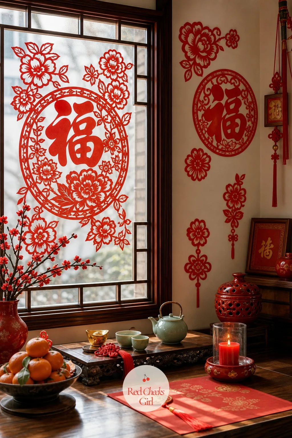 Red Paper Cut-Out Window Display — Jianzhi, the Chinese art of paper cutting, turns a plain window into the first thing anyone sees from the street. Lunar new