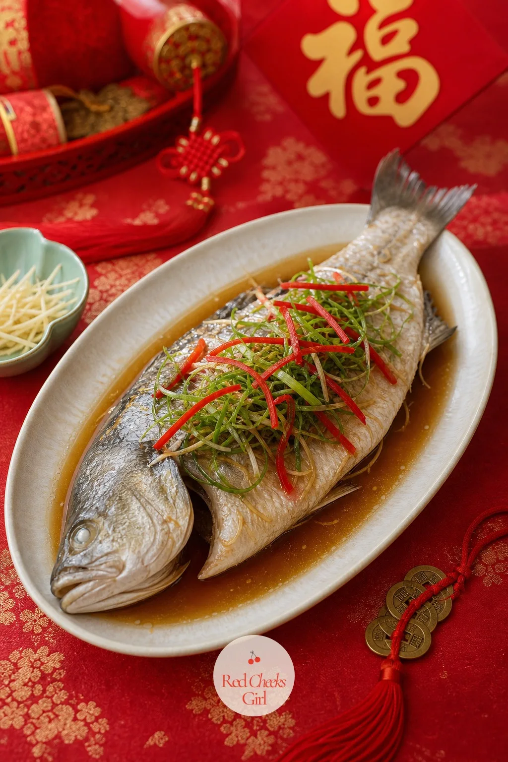 Whole Steamed Fish — Served whole, head and tail both still on, the fish is the Chinese Spring Festival dish built entirely on a pun: the word for fish sounds