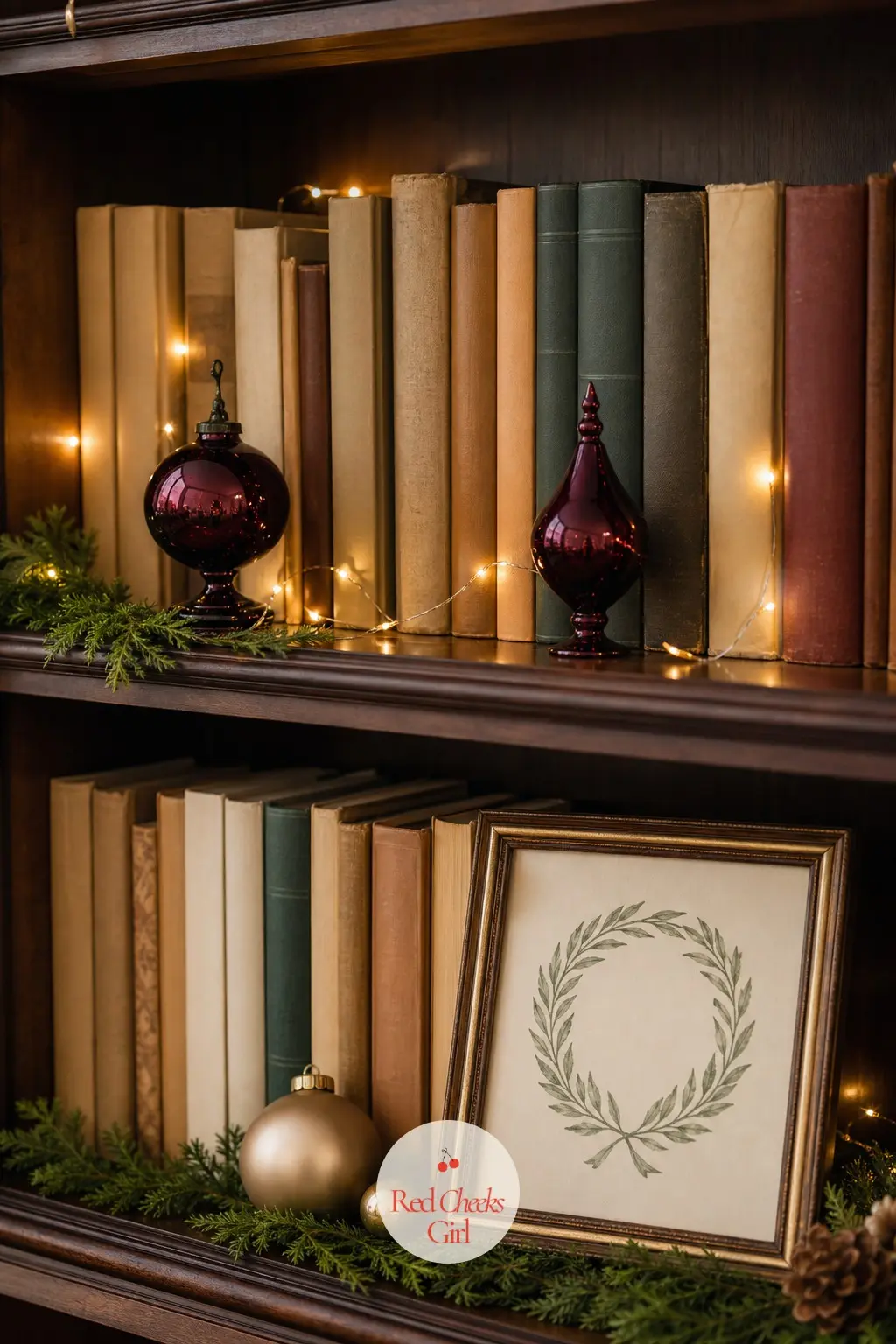 The Bookshelves, Edited Not Crowded — A short run of fairy lights tucked behind the books rather than draped over them, one or two bordeaux glass ornaments