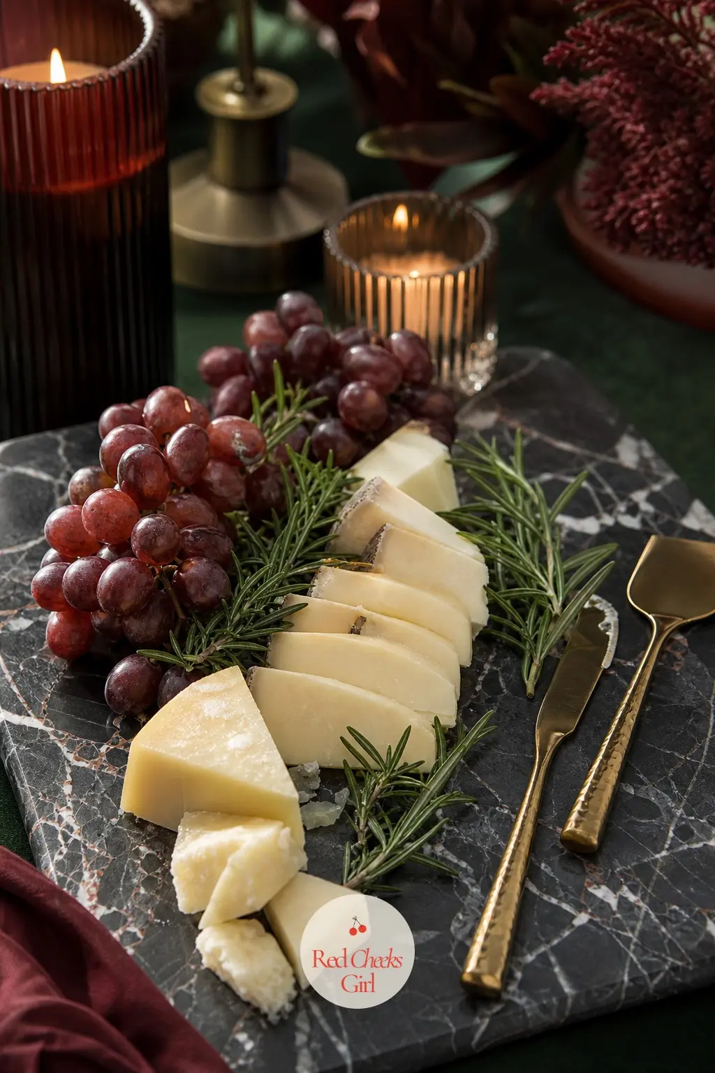 A Cheese Board in the House Colours — A dark marble or slate board carries bordeaux grapes, ivory cheeses and sprigs of emerald rosemary, arranged in loose