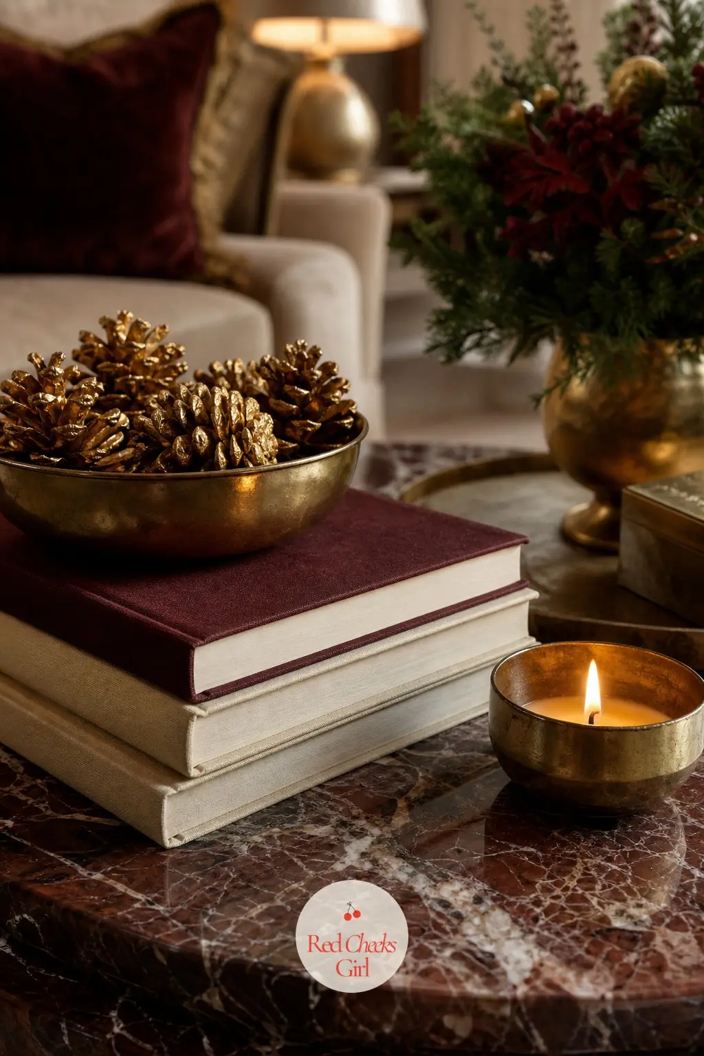 The Coffee Table Styled for Lingering — A stack of coffee table books in ivory and bordeaux jackets, a brass bowl of gilded pinecones, and one low candle, kept