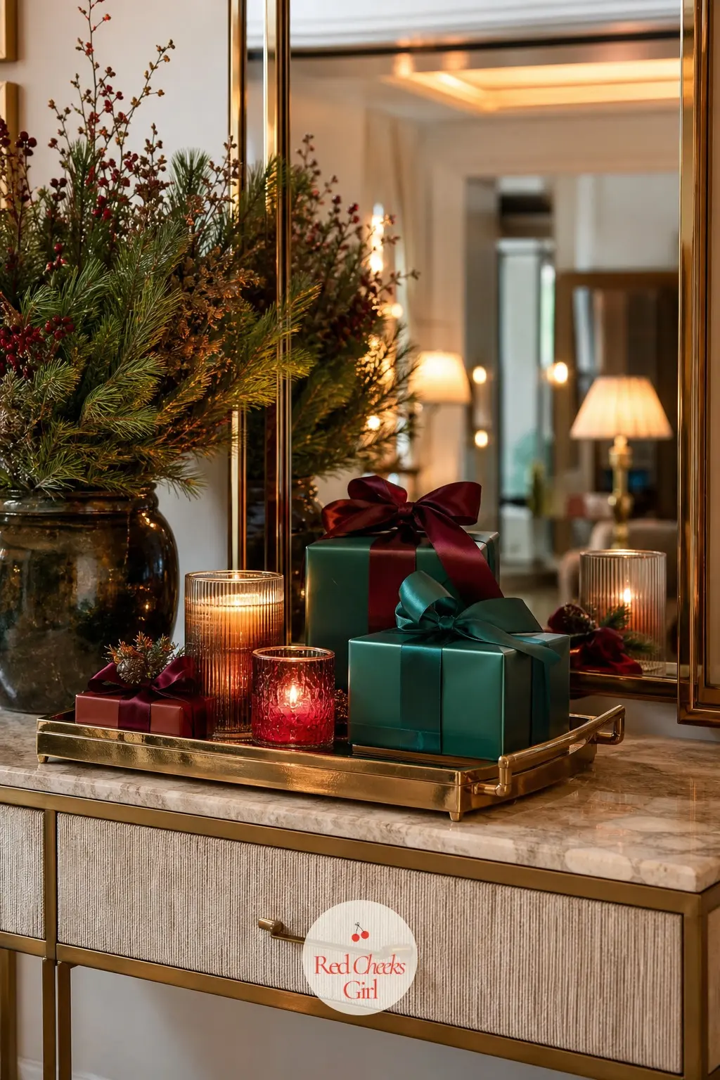 A Console Dressed Like the Concierge Desk — A console or sideboard just past the entryway gets a brass tray, a small stack of ribbon-tied boxes nobody is meant