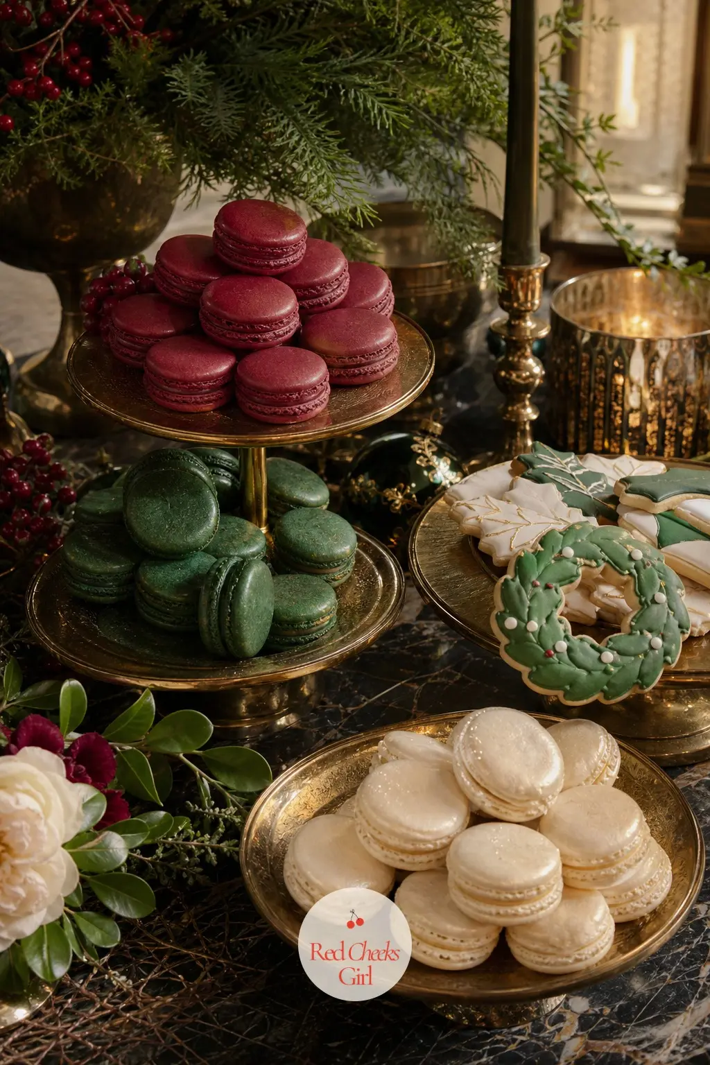 Dessert Table in the House Palette — Macarons and iced biscuits keep strictly to emerald, bordeaux and ivory, arranged on tiered brass stands rather than laid