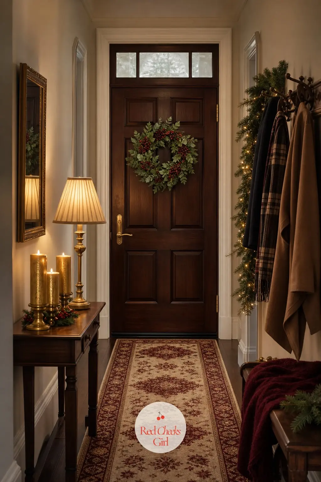 The Entryway Just Inside the Door — A runner in ivory and bordeaux leads from the door, and three pillar candles of graduated height sit on the nearest