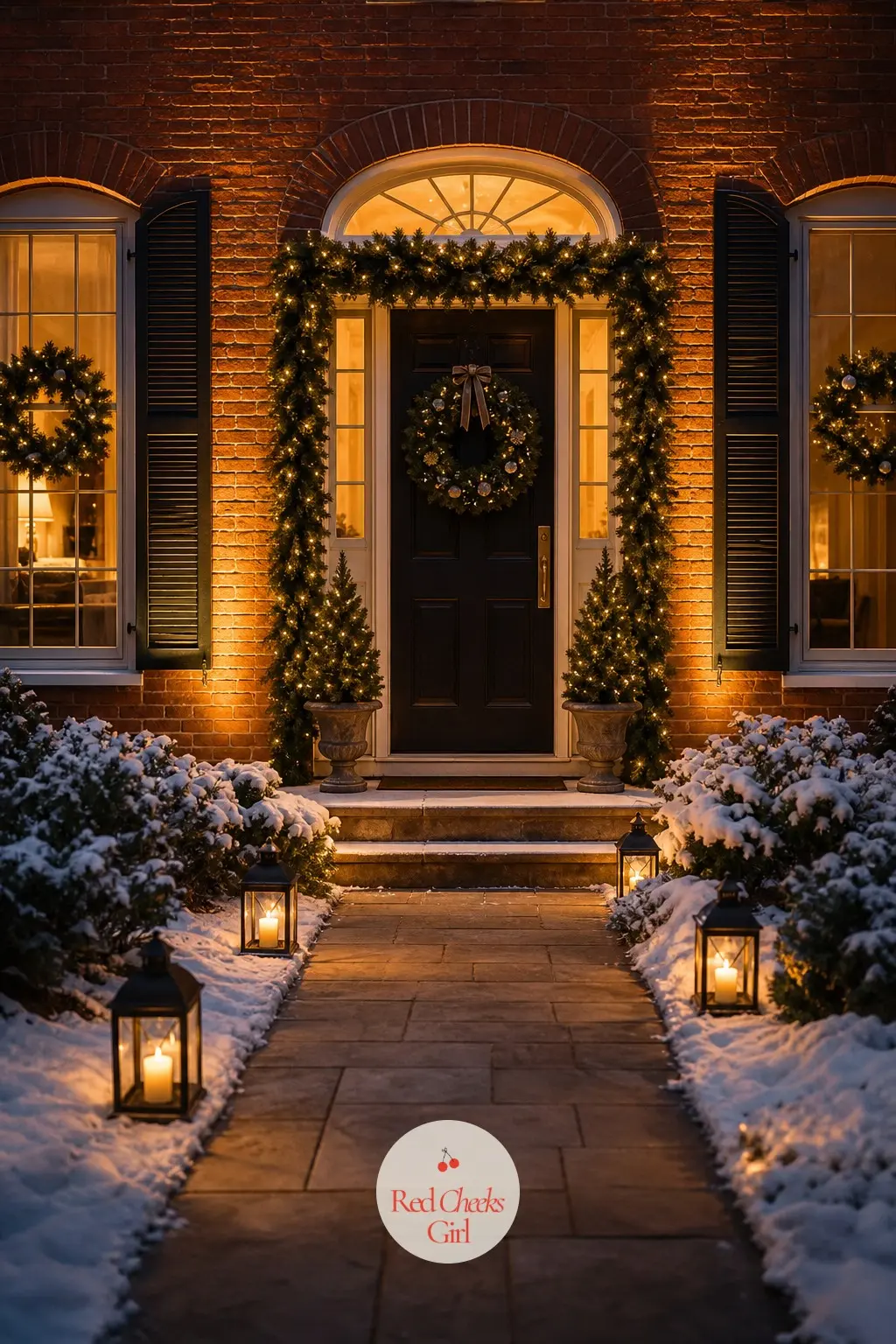 The Facade After Dark — Warm white uplighting washes the front of the house rather than flashing, and a wreath hangs at each window facing the street, so the