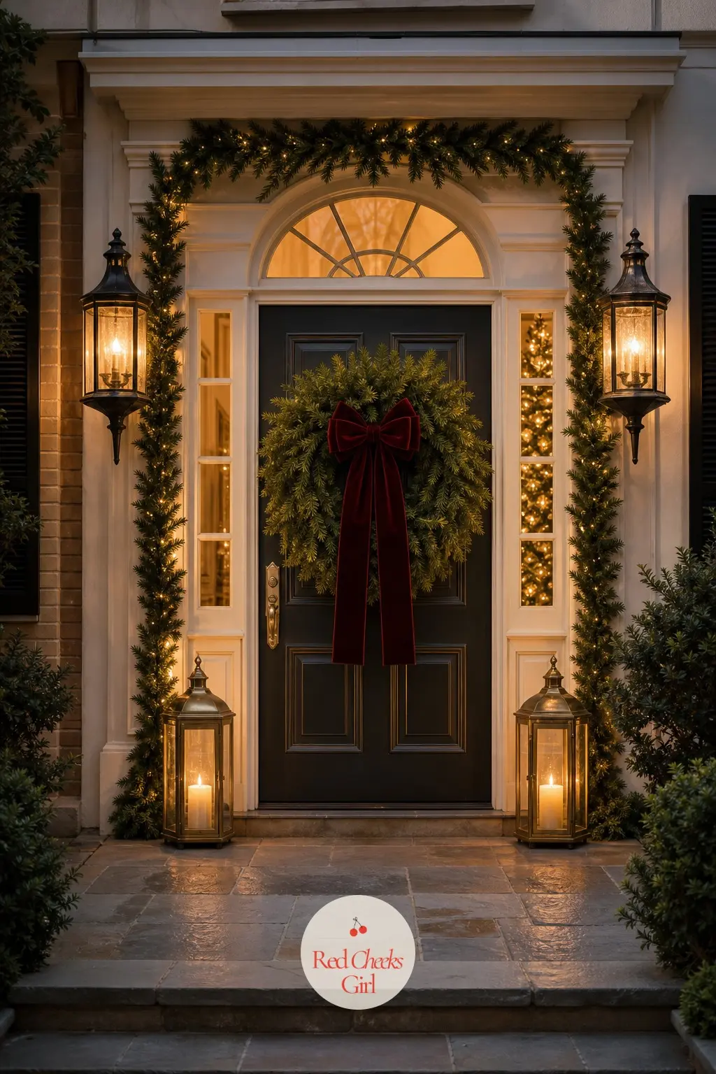 The Front Door and Porch — One oversized wreath on the door in deep emerald with a bordeaux velvet bow, flanked by a pair of tall brass lanterns on the porch