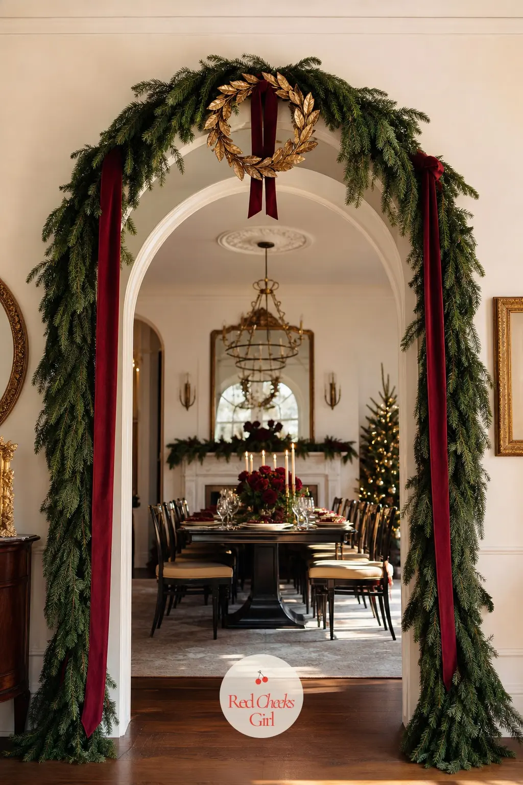 A Garland Over the Arch Between Rooms — Where the living room opens into the hall or dining room, a single emerald garland frames the arch, held up with brass