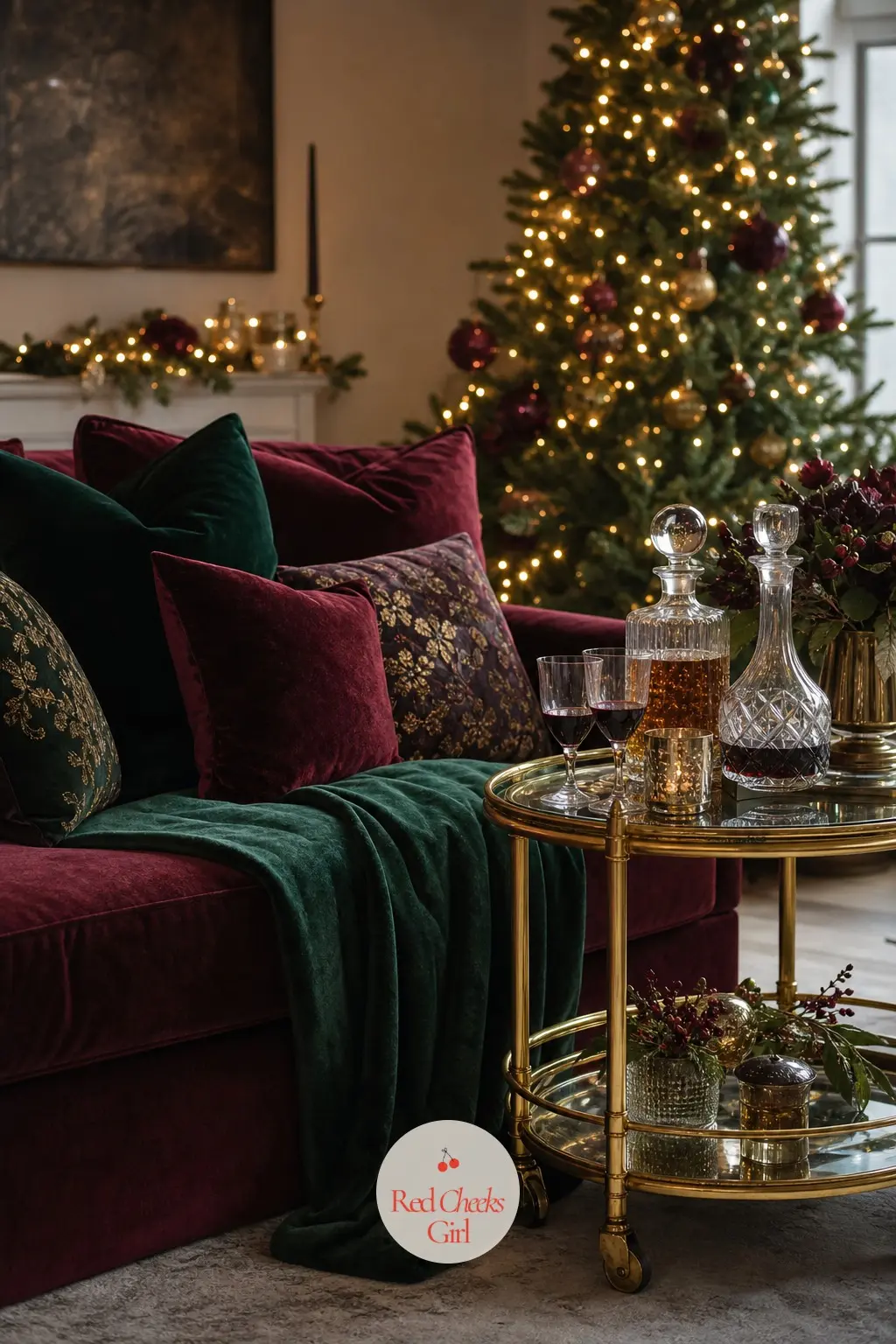 The Living Room That Holds It — The sofa takes a throw and cushions in the same bordeaux and emerald, so the tree never reads as a separate purchase dropped