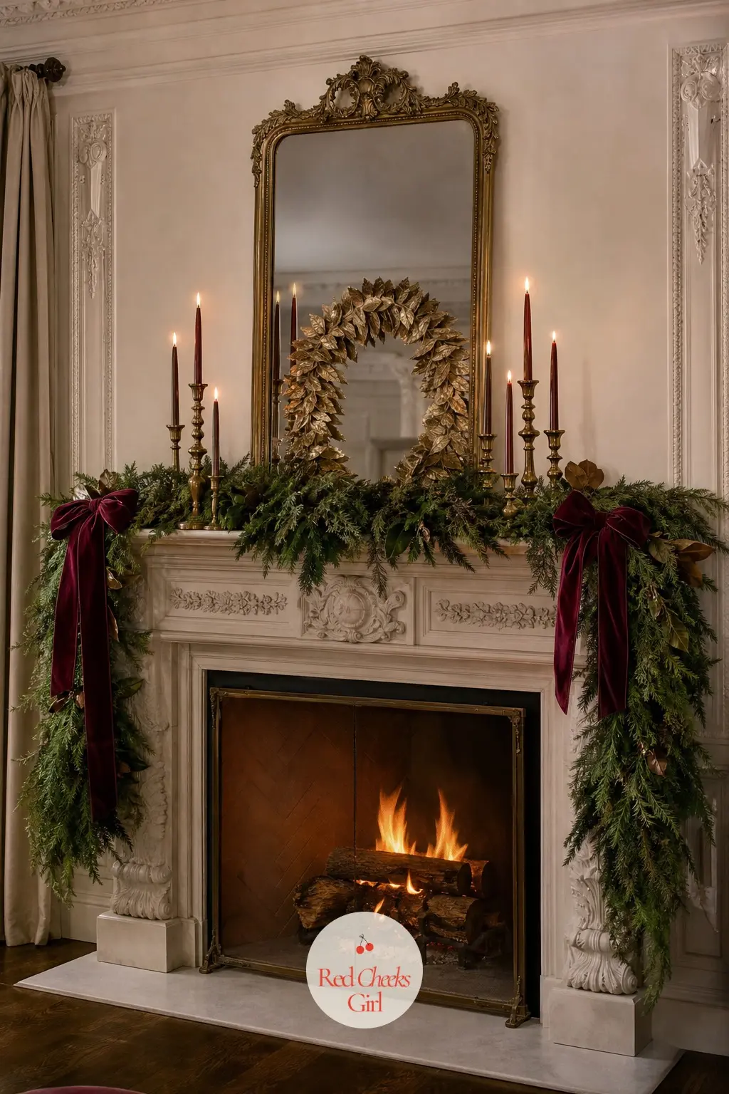 The Mantel, Lit Like a Lobby Fireplace — A generous fresh or faux garland runs the length of the mantel in deep emerald, dressed with bordeaux velvet bows and