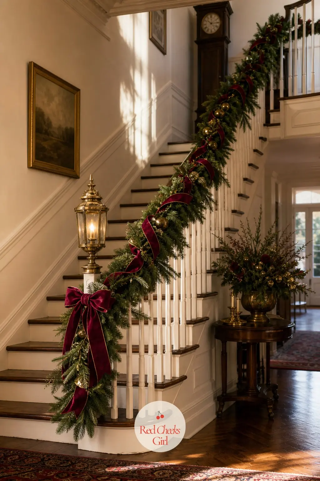 The Staircase, Dressed in Brass and Bordeaux — One generous garland runs the full banister in deep emerald, with bordeaux velvet ribbon woven through rather