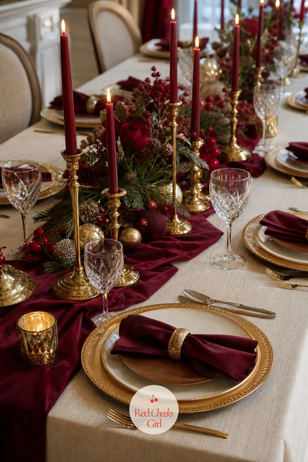 The Table, Layered Like Turndown Service — An ivory cloth falls to the floor, a bordeaux runner crosses it, and brass chargers sit under each plate, the three