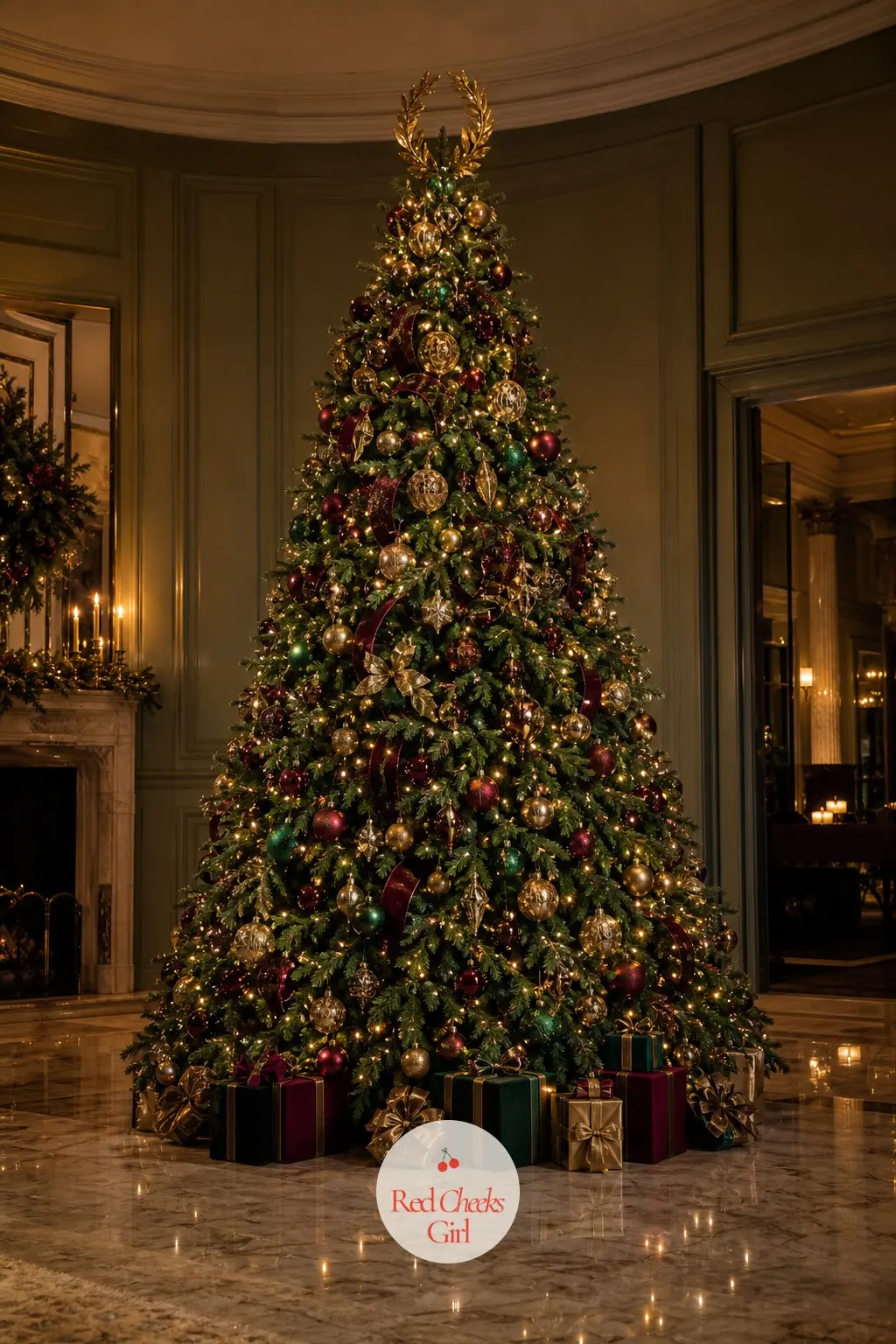 A Tree That Reads Like the Lobby's Centrepiece — One tree, dressed in deep emerald and bordeaux glass balls wired with brass ribbon, lit only in warm white