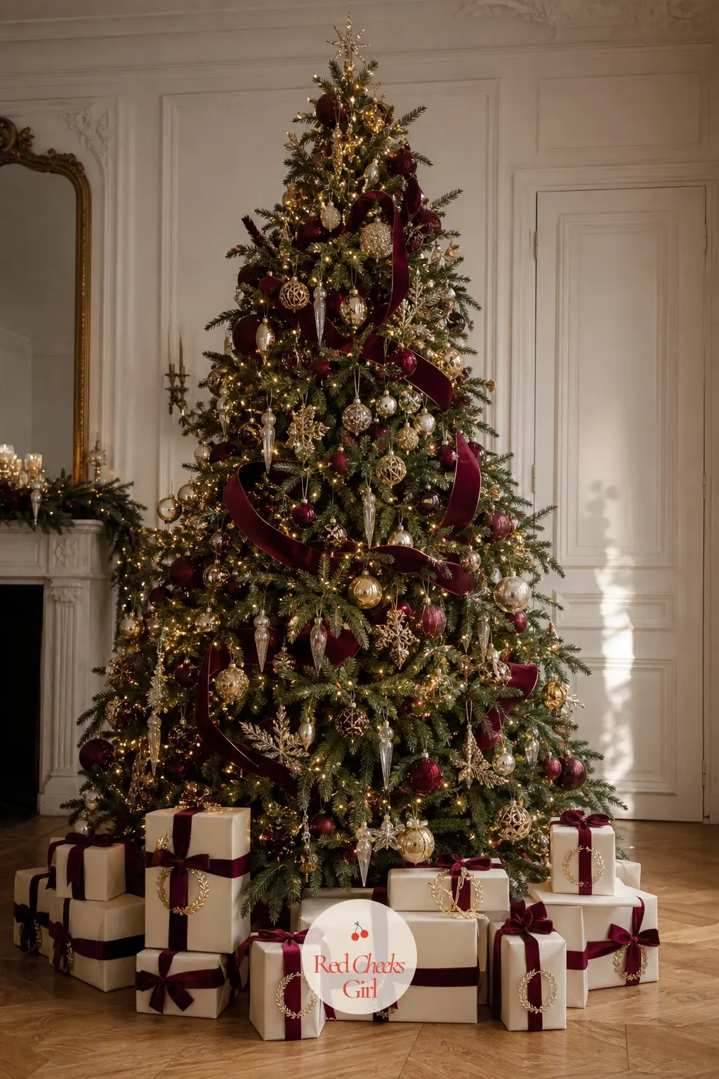 Wrapping the Gifts Under the Tree — Every gift under the tree wears the same ivory paper, tied with bordeaux velvet ribbon rather than printed Christmas paper