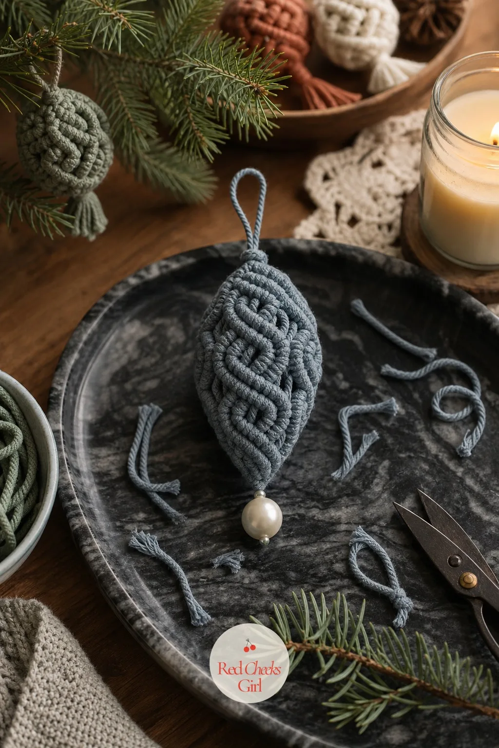 Spiral Knot Bauble — For a round ornament with no bead at all, cord wraps a metal hoop in a continuous spiral until it reads as a solid ball rather than a