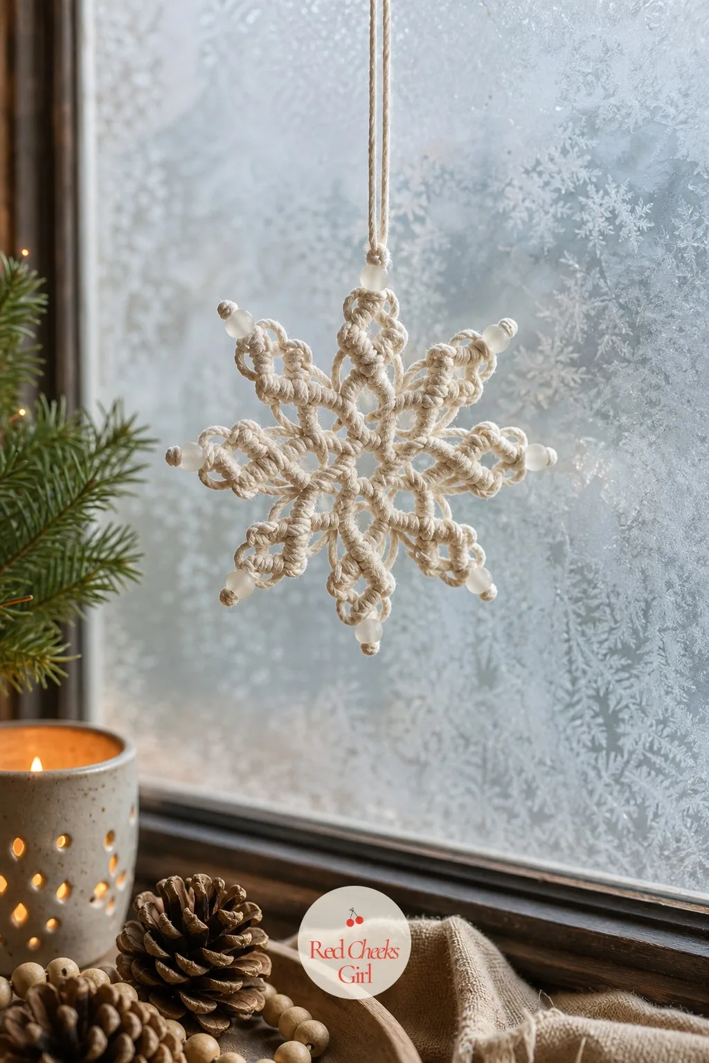 Square-Knot Snowflake Ornament — A string of fairy lights gives the illusion of sparkle, but a snowflake with actual dimension does more work for less