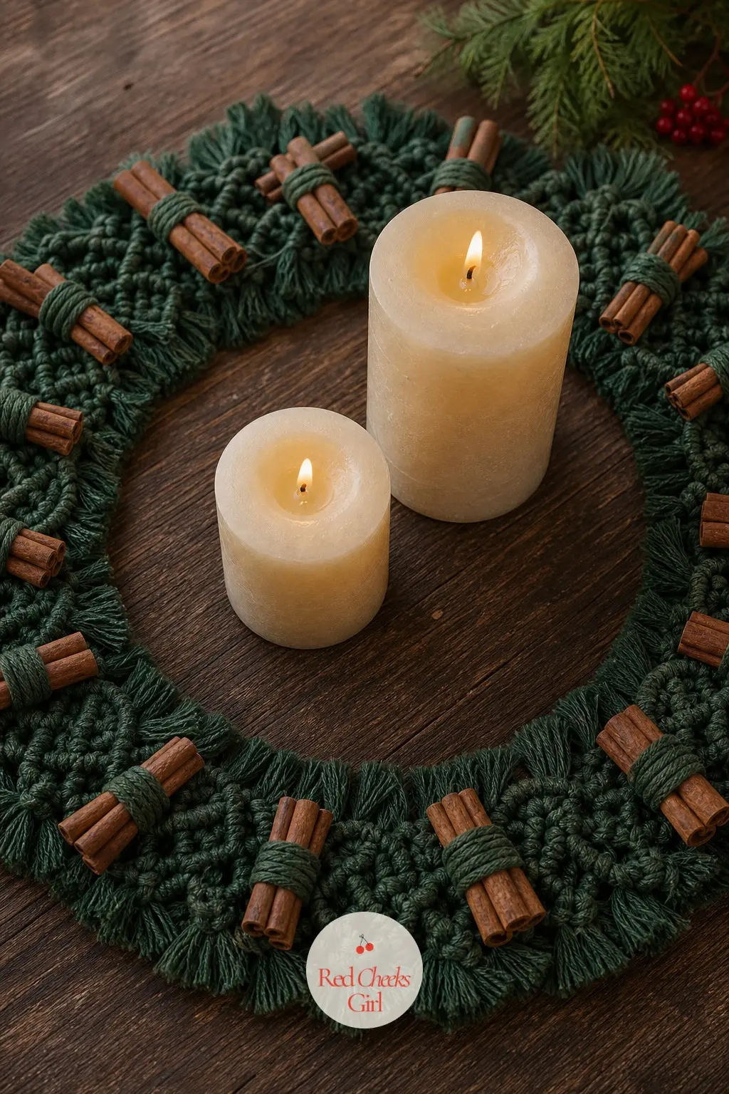 The Forest Green and Cinnamon Macrame Wreath for the Dining Table — Knotted flat rather than fluffy, this forest green cord ring sits on the table itself and