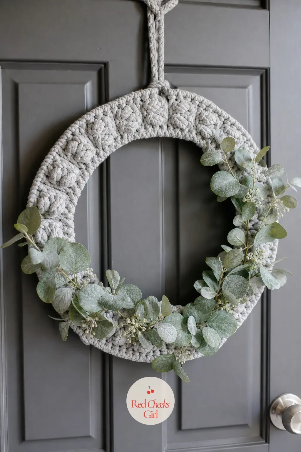 The Grey and Eucalyptus Green Macrame Wreath for the Bedroom Door — Grey cord woven through with sprigs of silvery eucalyptus, knotted in plain rows with no