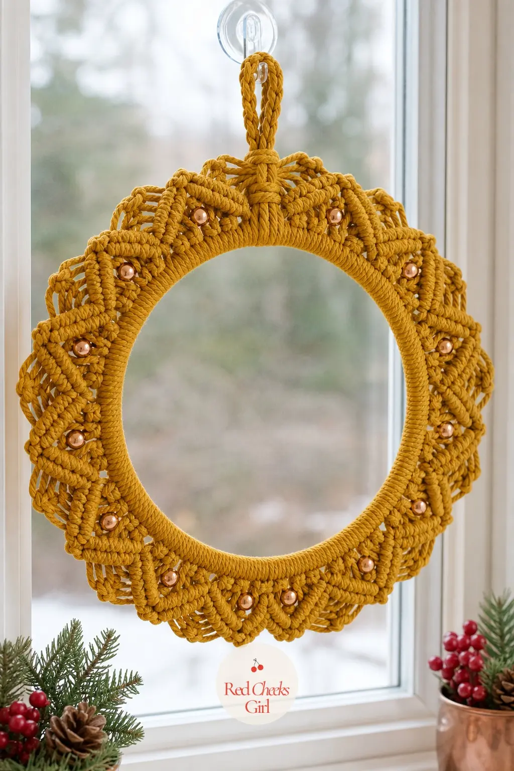 The Mustard and Copper Macrame Wreath for the Kitchen Window — Mustard cord, loosely knotted so daylight gets through the gaps, with small copper beads
