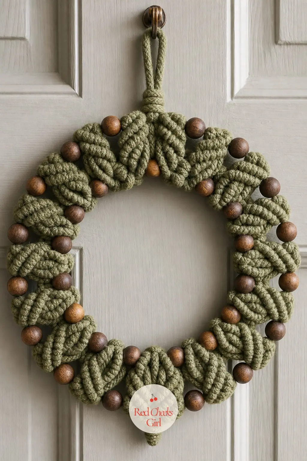 The Olive and Walnut Macrame Wreath for the Home Office Door — Olive green cord with walnut wood beads, grounded and a little masculine compared to the rest of