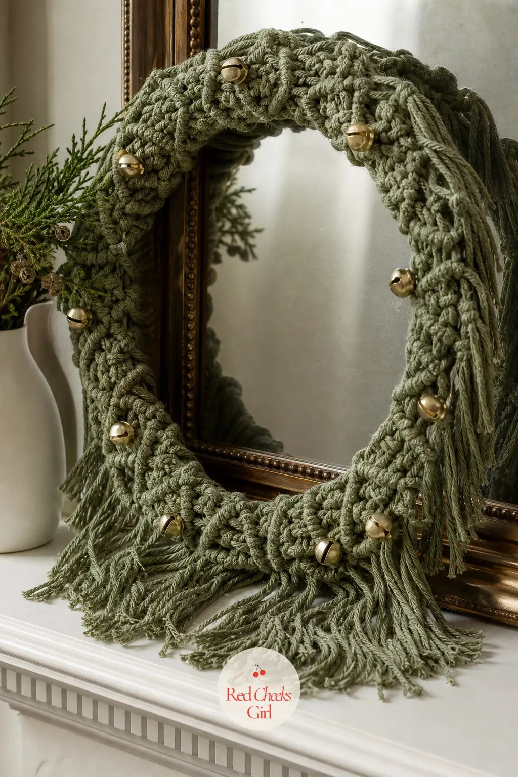 The Sage and Gold Macrame Wreath for the Mantel — Sage green cord dotted with tiny gold bells, knotted looser than the others so the fringe falls softly rather