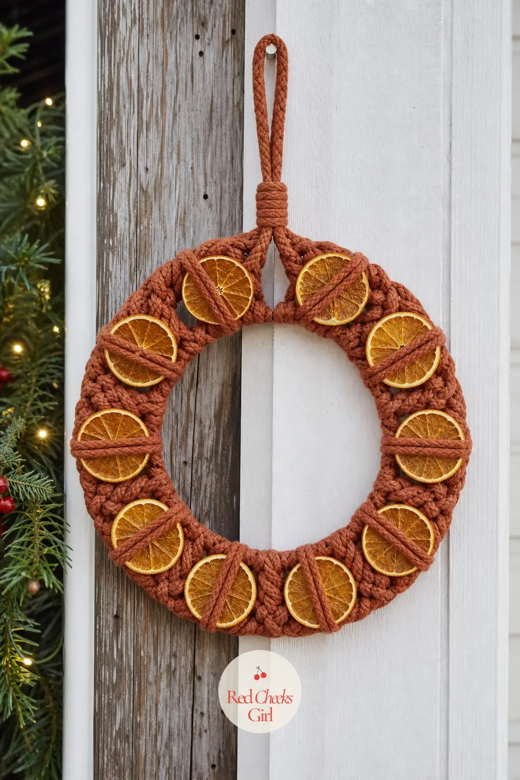 The Terracotta and Burnt Orange Macrame Wreath for the Porch Pillar — Terracotta cord against a white porch pillar, with a handful of dried orange slices