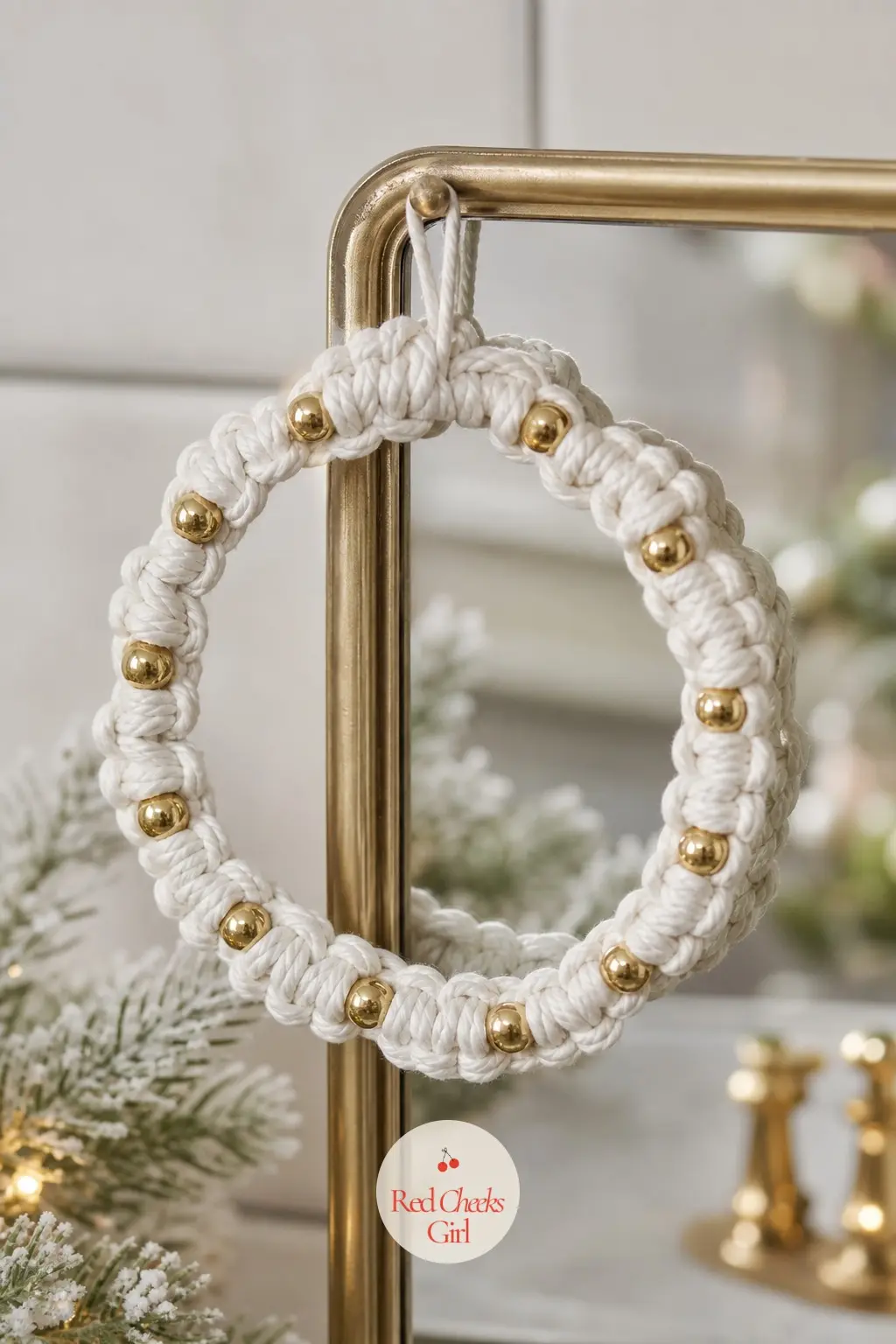 The White and Gold Macrame Wreath for the Bathroom Mirror — Small and neat, white cord strung with gold beads, sized to hang from the corner of a mirror frame