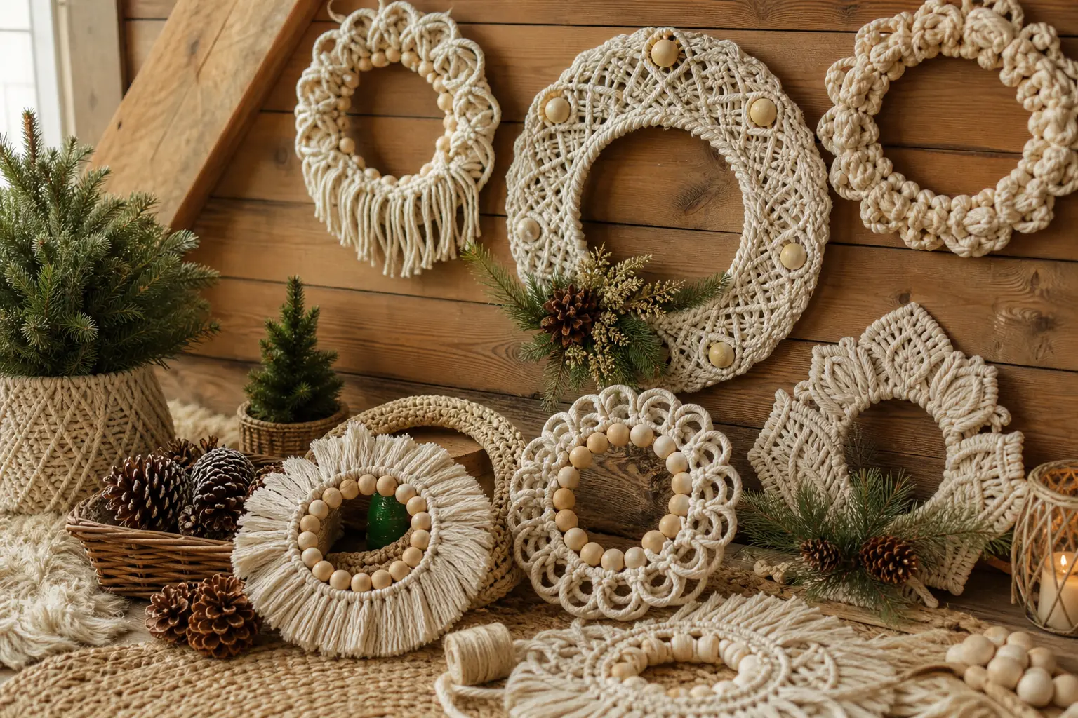 12 Macrame Christmas Wreaths With Knotted Cord, Wooden Beads and Boho Calm
