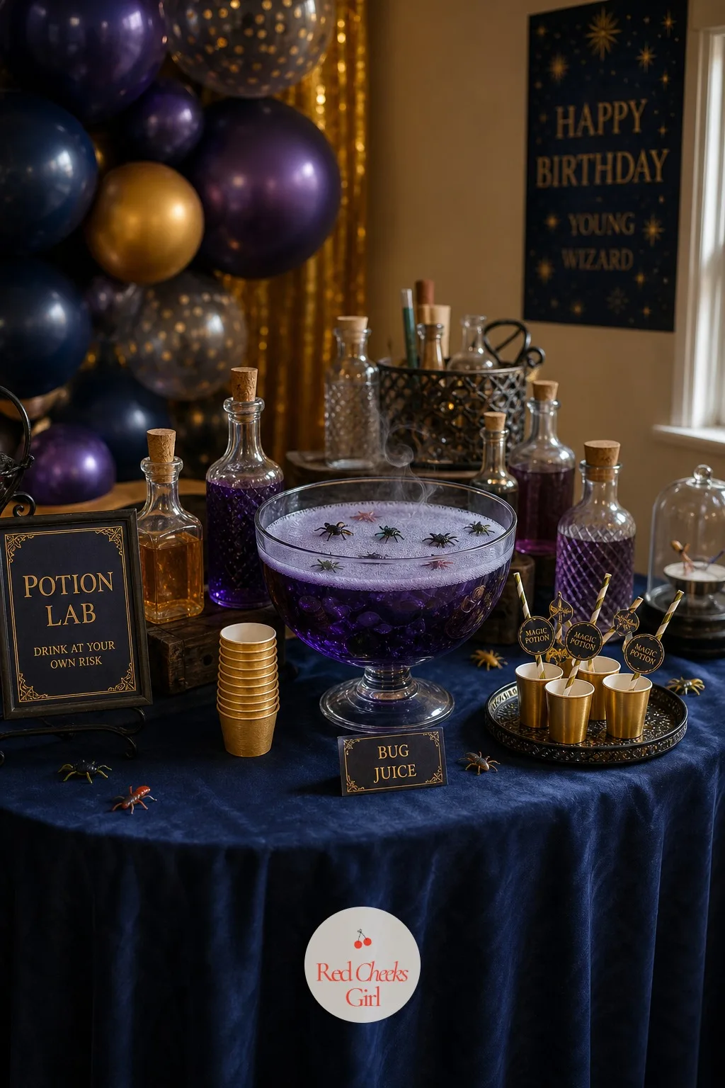 Bubbling Potion Lab Drink Table with Colored Bottles and a Punch Bowl of Gummy Bugs — A jug of squash on a side table will not hold a five year old's attention